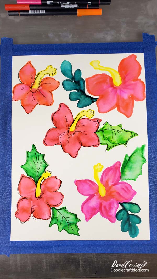Step 2: Hibiscus Flowers  After the paper is dry, use the Fudenosuke pen to outline the hibiscus shapes.     Make the lines playful, uneven and sporadic for a whimsical look!