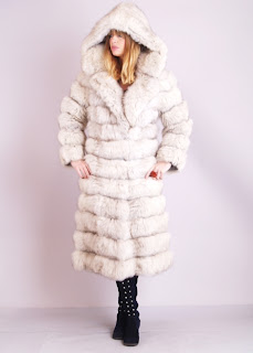 Vintage 1960's ivory colored fox fur maxi bubble coat with hood