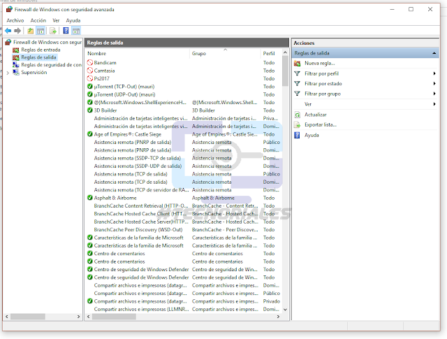 Ventana de opciones avanzadas del Firewall, reglas de salida.