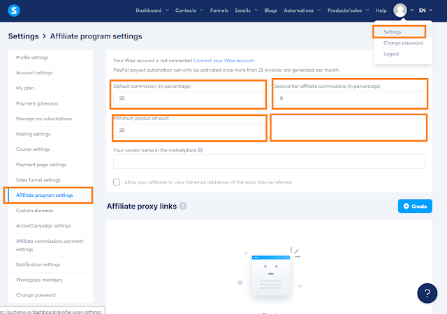 Set up your affiliate program settings - Systeme.io