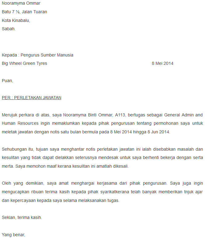 Contoh Surat Berhenti Kerja Sebulan Notis - Contoh O