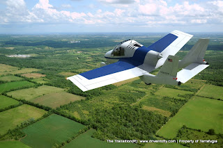 actual blue and white flying car in flight