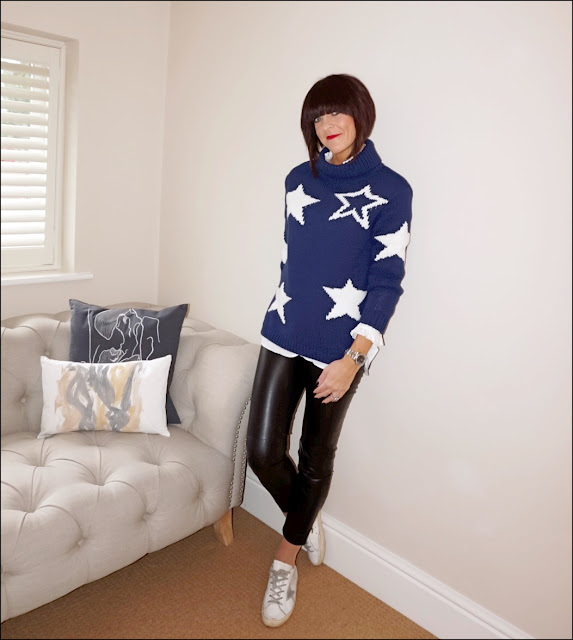 My Midlife Fashion, Marks and Spencer Chunky Star Print Polo Neck Jumper, french connection faux leather trousers, golden goose superstar trainers, uniqlo frill high collared shirt