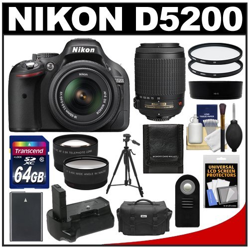 Nikon D5200 Digital SLR Camera  &  18-55mm G VR DX AF-S Zoom Lens (Black) with 55-200mm VR Lens + 64GB Card + Case + Grip  &  Battery + Tripod + Tele/Wide Lenses + Filters Kit