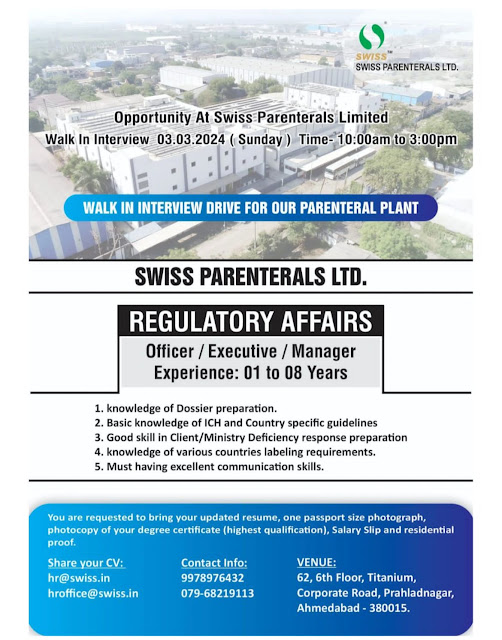 Swiss Parenterals Walk In Drive For Regulatory Affairs