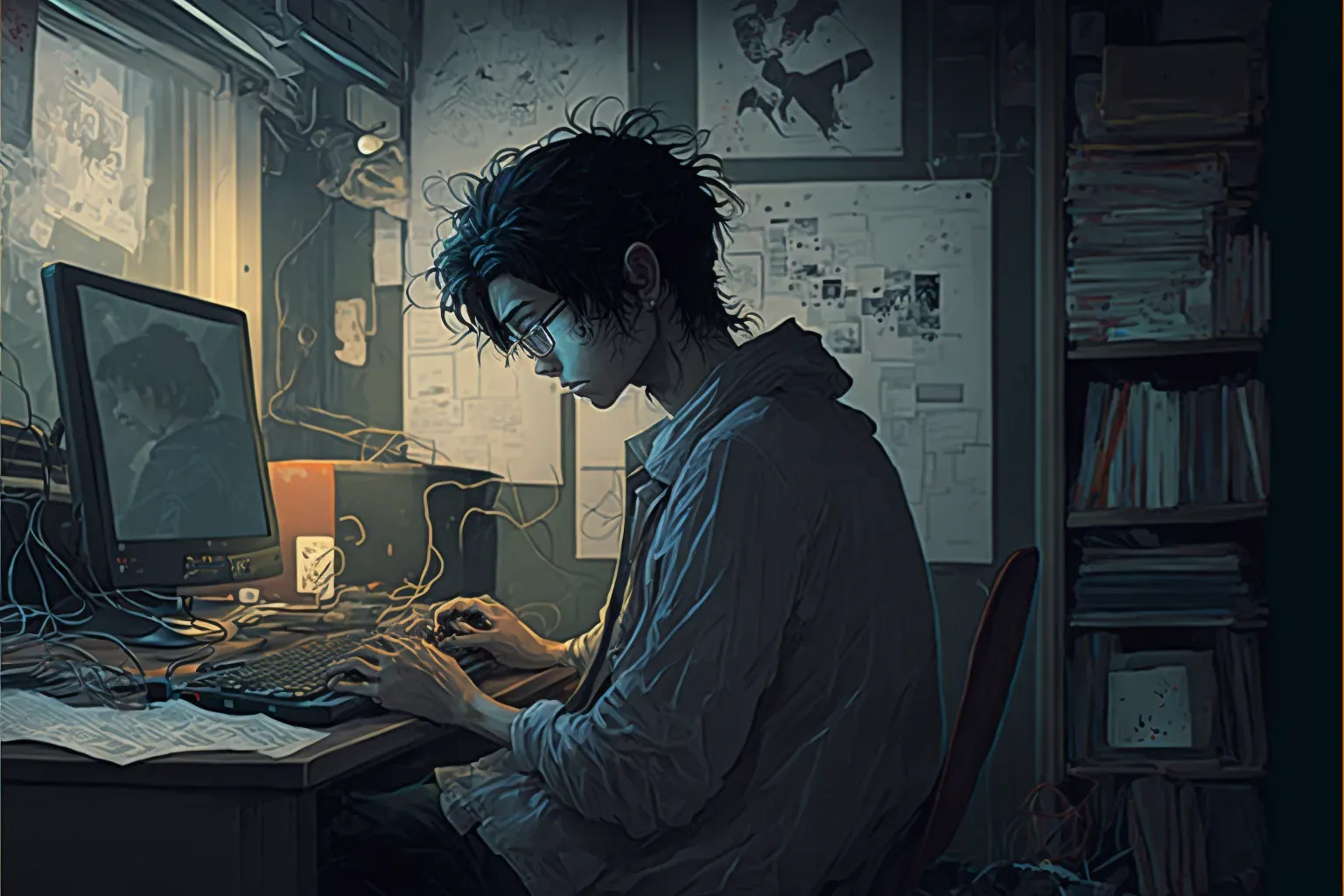 Osoba wycofana społecznie, japoński hikikomori siedzący przy komputerze