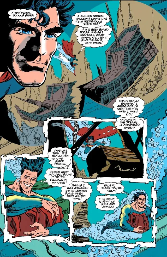 Superman menyelam ke lautan untuk menyelamatkan harta karun dari kapal yang tenggelam