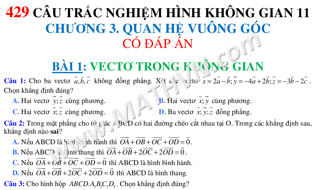 trac nghiem hinh hoc khong gian 11 chuong 3, quan he vuong goc