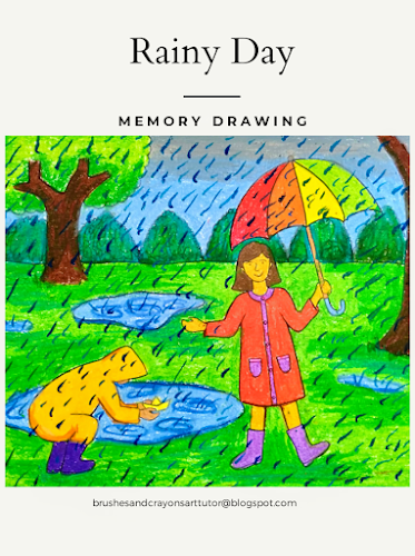 This is a Memory Drawing Art Lesson, the topic is Rainy Day. It has two figures, a girl holding an umbrella nad and a crouching  boy releasing a pape boat into a puddle, he is wearing a raincoat.