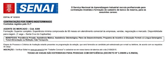 Senai Santa Cruz abre seleção para contratação de Agente de Mercado