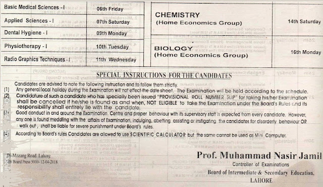 Date Sheet of FA & FSc BISE Lahore  Board, HSSC Date Sheet 2018 Part 1, 2, Download  Date Sheet HSSC Part & 2, Introduction of BISE Lahore, Punjab, Lahore, Pakistan, date Sheet