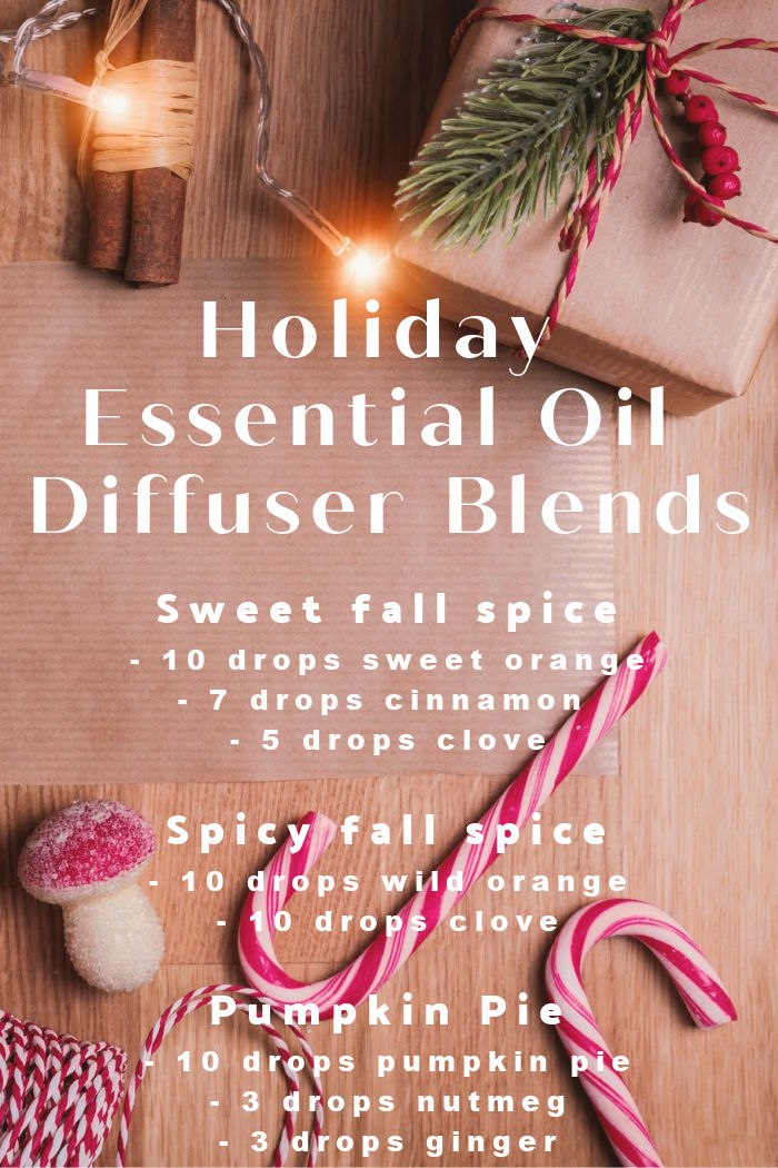 Candy canes and Christmas lights in the background with a text overlay of several holiday essential oil diffuser recipes