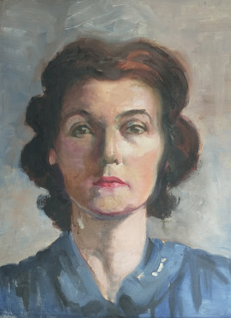 Oil painting of the head of a woman in a blue dress, "Shelagh Munro" by Anna Winnifred Stuart Burnett Munro, circa 1946.