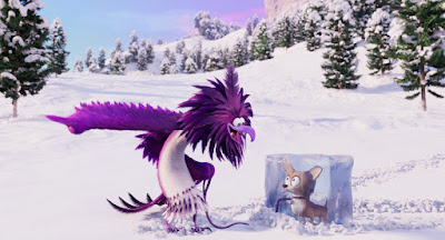 Movie still featuring Leslie Jones as the voice of the purple eagle Zeta in "The Angry Birds Movie 2" where she yells at her dog, who is frozen in a block of ice