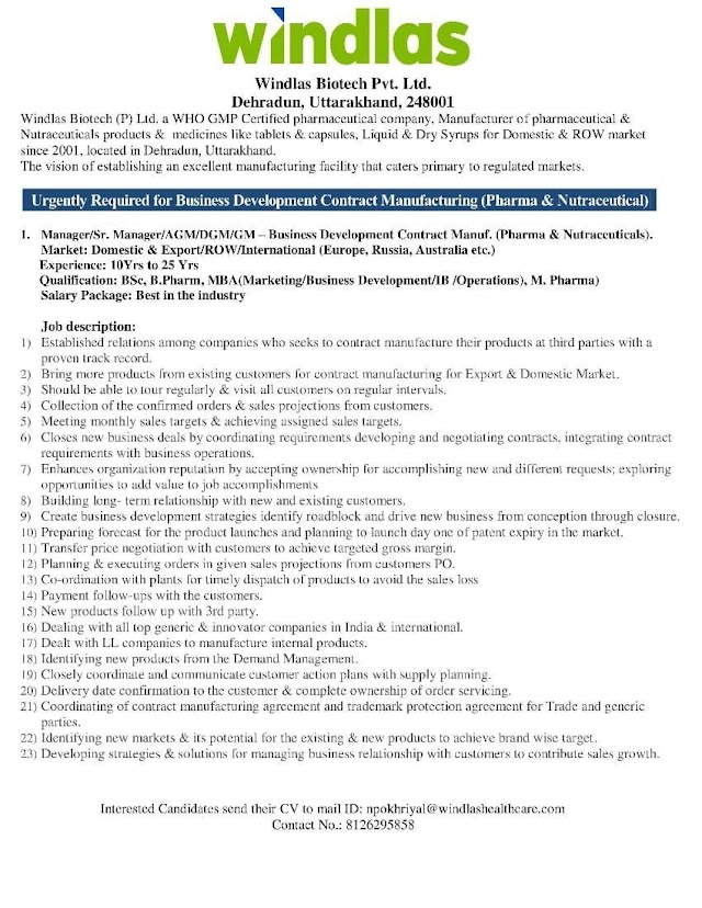 Windlas Biotech Pvt Ltd | Manager / Sr.Manager / AGM /DGM /GM | B.Sc , B.Pharm , MBA, M.Pharm | Location - Dehradun , Uttrakhand