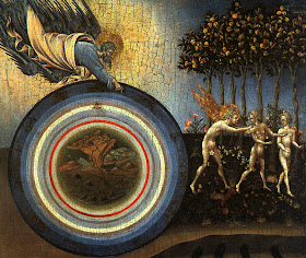 A Criação e a expulsão do Paraíso. Nesta pintura do século XV também a Terra aparece toda unida. Giovanni Di Paolo  (1403 — 1482). Metropolitan Museum of Art, New York City.