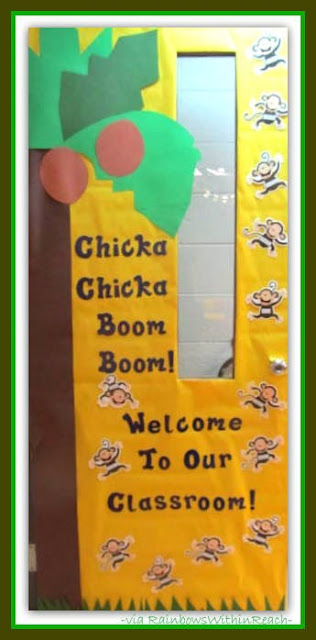 Decorated Kindergarten Classroom Door, Chicka Chicka Boom Boom Theme via RainbowsWithinReach