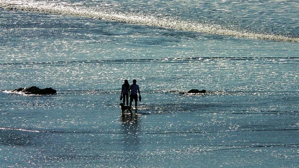 pareja con perro paseando por sope
