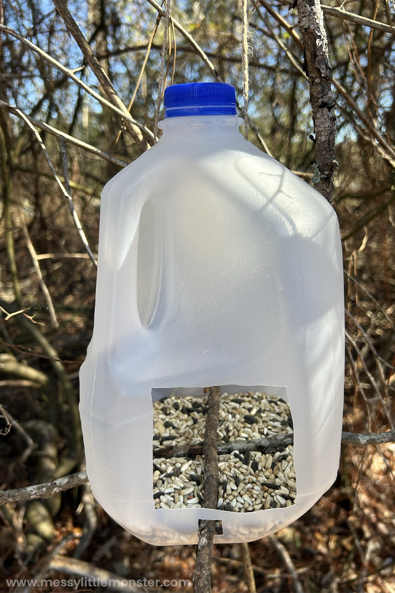 homemade milk jug bird feeder