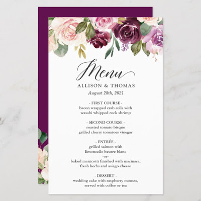  Plum Purple Blush Floral Wedding Dinner Menu