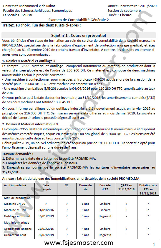 Exemple Examen Licence Epreuve de Comptabilité Générale II avec Corrigé 2019-2020 - Fsjes Souissi