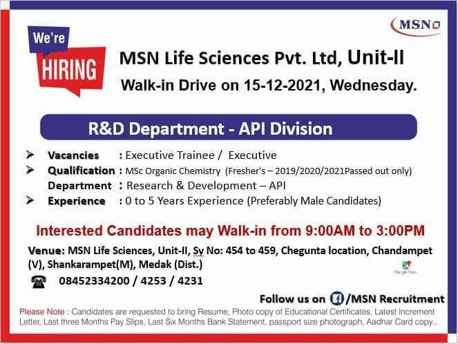 Job Availables,MSN Life Sciences Pvt. Ltd Walk-In-Interview For MSc Organic Chemistry