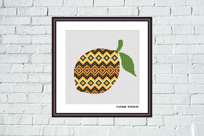 Yellow Aztec ornament lemon fruit easy cross stitch pattern - Tango Stitch