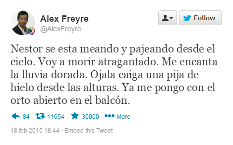 OTRA VEZ ALEX FREYRE: AHORA DICE QUE NESTOR "GUASQUEO DESDE EL CIELO A LA GENTE DE LA MARCHA".