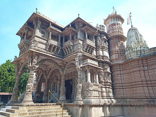 Intricately carved stone exterior faced of Hutheesing Jain temple in Ahmedabad