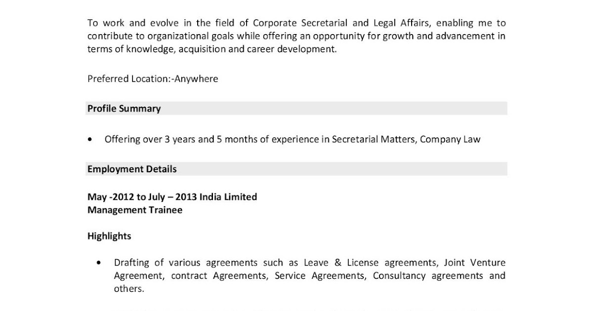 Company Secretary Internship Resume - Entry Level Resume Examples Hloom