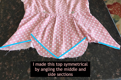 Polka dot top with bright blue lines to show how to angle the new hemline.