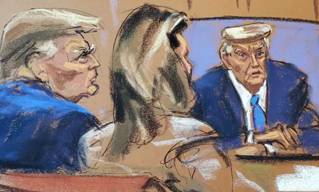 Former US President Donald Trump watches footage of himself giving a video deposition during the second civil trial where Carroll accused former US President Donald Trump of raping her decades ago, at Manhattan Federal Court in New York City, US, January 25, 2024, in this courtroom sketch. Photo: Reuters
