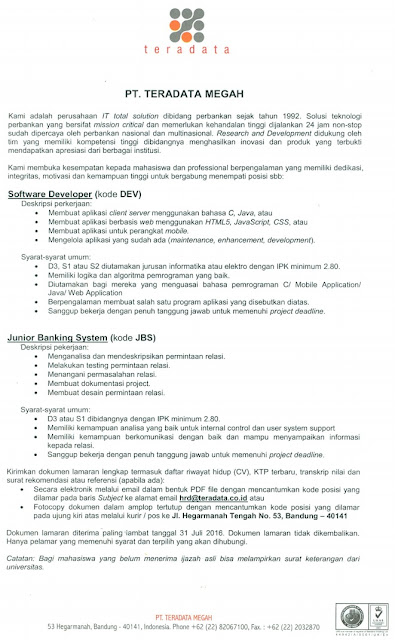 Lowongan Kerja Bandung PT Teradata Megah Juli 2016