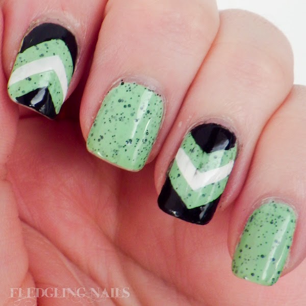 Fledgling Nails: Nail Art: Speckled Green, Black and White Chevrons