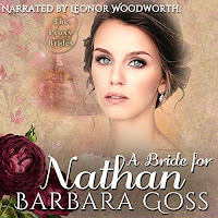 A Bride for Nathan audiobook cover. A pretty woman gazes out of the cover, franed by flowers. 