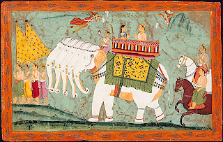 . Indra and Indrani enthroned in Indra's heaven, Swarga, among the clouds of Mount Meru, and attended by groups of Apsaras and Gandharvas heavenly nymphs and musicians. Rajput painting, early nineteenth century. Museum of Fine Arts, Boston, Massachusetts. Ross Coomeraswamy Collection. 