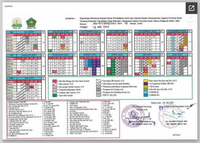 Kalender Pendidikan Tahun Pelajaran 2020/2021 Provinsi Aceh