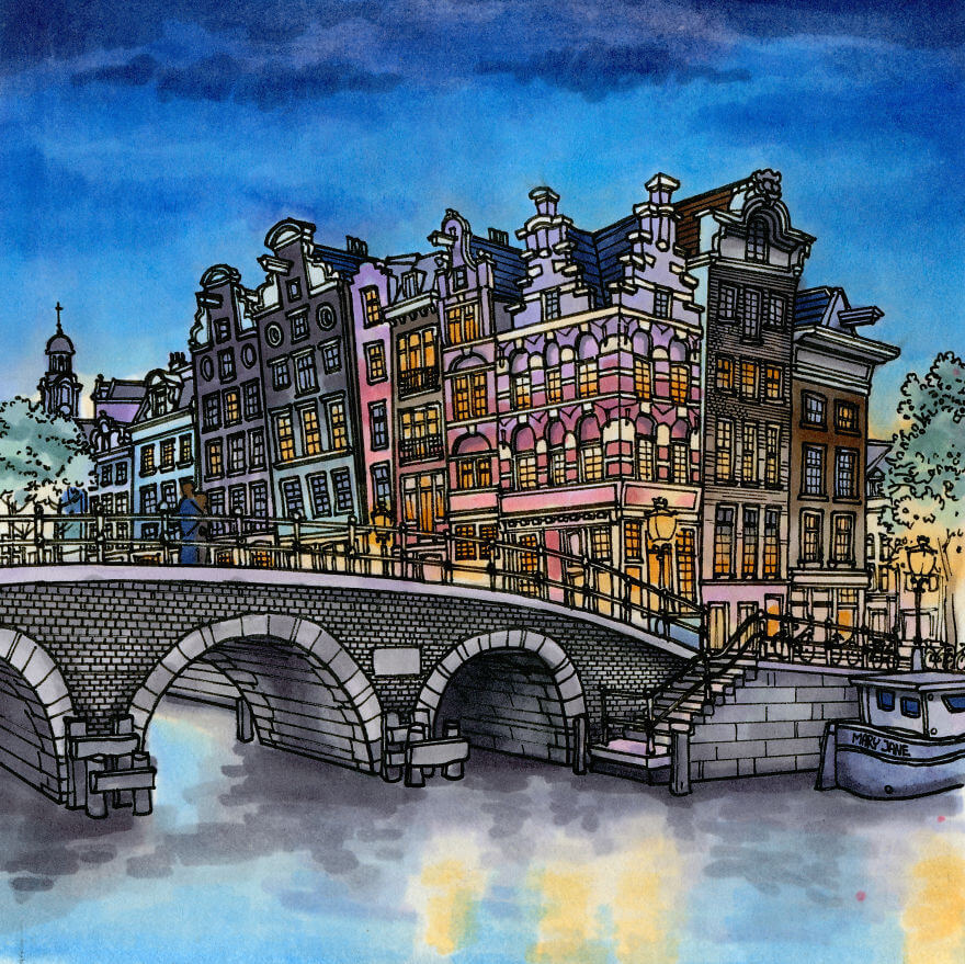 13 Artistic Illustrations Of Famous Places Around The World - Amsterdam, The Netherlands