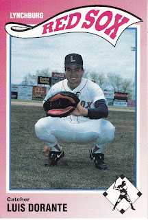 Luis Dorante 1990 Lynchburg Red Sox card, Dorante posed in catching position