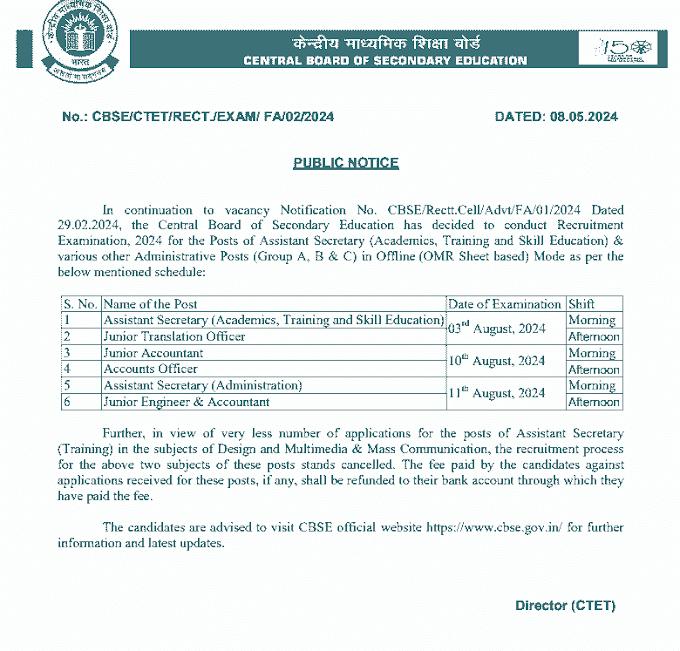 केंद्रीय माध्यमिक शिक्षा बोर्ड द्वारा नॉन टीचिंग पदों की भर्ती के लिए परीक्षा की समय सारिणी जारी की गई