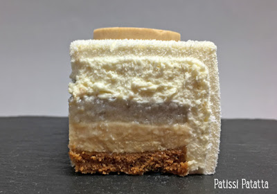 entremet banoffee, banoffee autrement, mousse caramel, ganache montée au chocolat blanc, confit de bananes, entremet velours blanc, dessert tendance, pâtisserie, banoffee cake, patissi-patatta