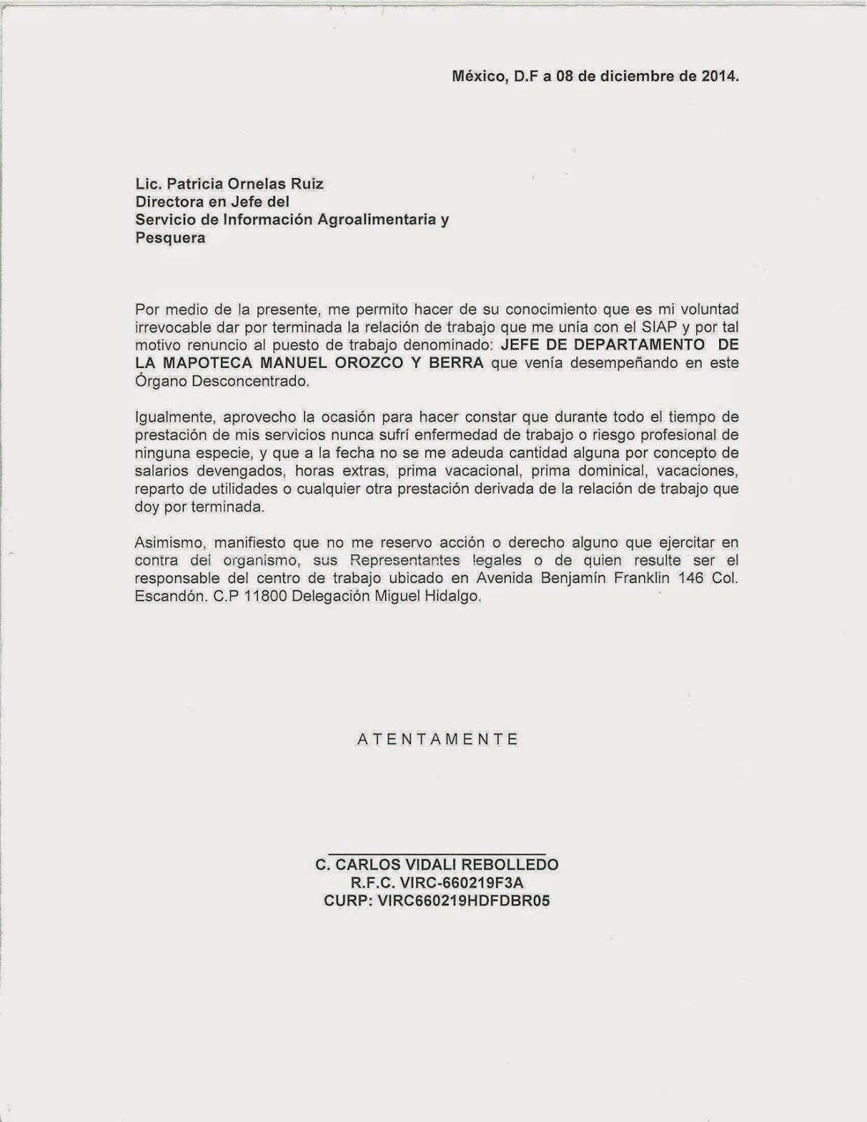 Mapoteca Manuel Orozco y Berra: Carta de renuncia que se 