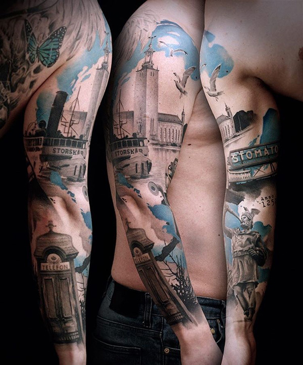 Realmente uma bela manga tatuagem sobre Estocolmo, Suécia. O lugar é colorido surpreendente sobre o design e os detalhes são absolutamente impressionantes. O solitário colorido do céu dá uma vibe tranquila sobre a aparência geral.   