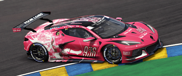 Picture from rFactor 2: a Corvette C8.R painted in the Queens' Design colours. It is pink with matte black and glossy white accents. On the sides is Victoire Laviolette, the team's mascot.