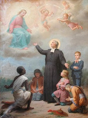 En la imagen San Juan Bautista de la Salle pidiendo a Dios por los niños del mundo.