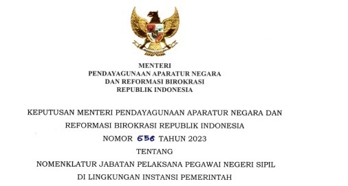 Kepmenpan RB Nomor 656 Tahun 2023 Tentang Nomenklatur Jabatan Pelaksana PNS Di Lingkungan Instansi Pemerintah