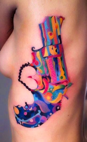 Gun Tattoo Women Hip, Women Hip Colorful Gun Tattoo, Tattoos Gun Design Women Hip, Wonderful Women Hip Gun Tattoos, Women, Parts,