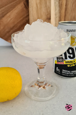 Suntory 196 Double Lemon Vodka drink alcohol can opened with frozen slushie in lux vintage cocktail glass