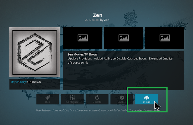 Click Install to begin install zen addon on kodi