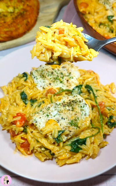 Delicious low-calorie Marry Me Chicken Orzo with creamy Parmesan sauce and tomatoes on a plate